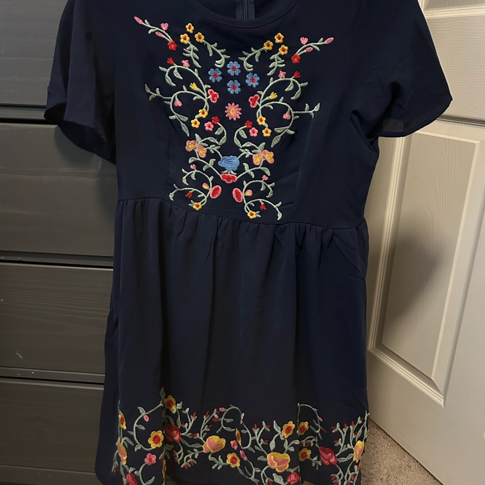 SHEIN Navy Dress with Floral Embroidery